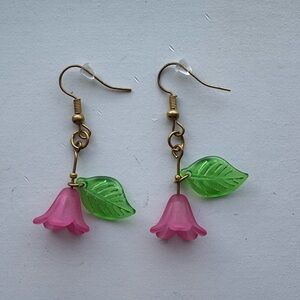 Pink Flower and Leaf Charm Earrings - Gold Tone Dangles, Handmade
